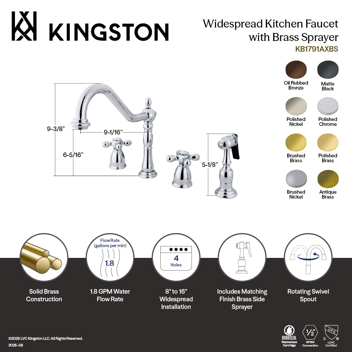 Kingston Heirloom KB1791AXBS - Heritage Double-Handle 4-Hole Widespread Kitchen Faucet with Brass Sprayer, Polished Chrome — thumbnail 2
